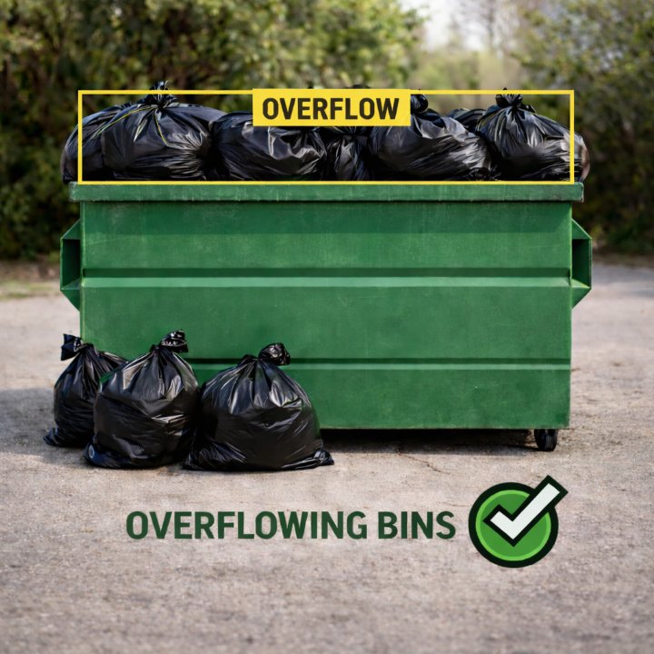 Green commercial front-load dumpster with black trash bags piled above the lid, boxed and labeled OVERFLOW, and more bags on the ground beside it