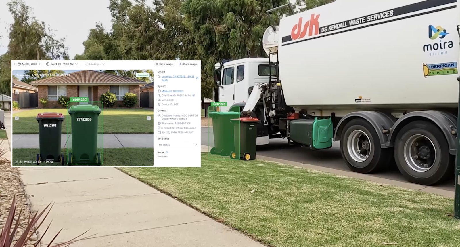 A side-loader truck services a green cart at the curb while a WasteVision AI service verification event shows the cart marked Serviced with its cart number, timestamp and GPS location