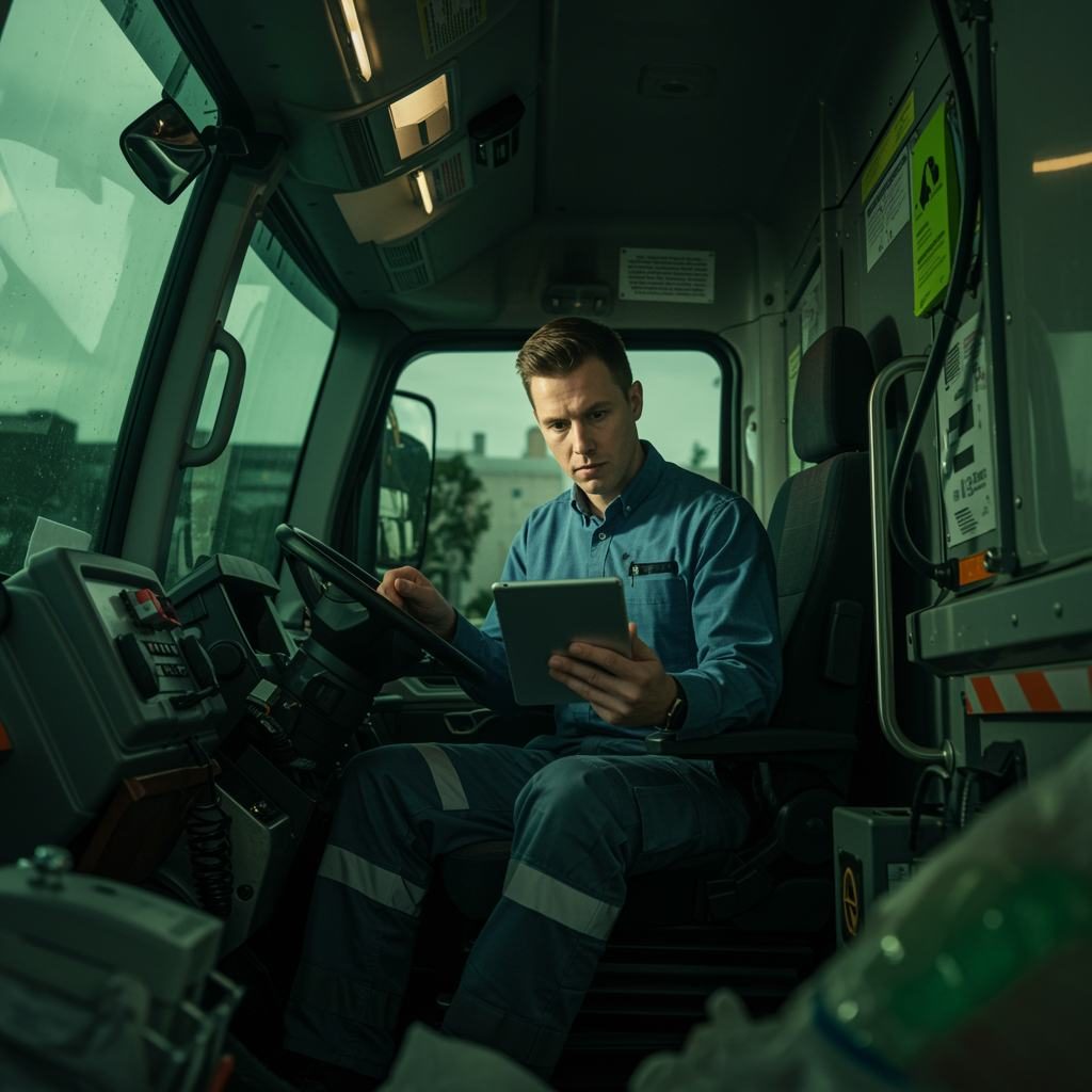 Driver manually documenting overflows with a tablet — the old, inefficient process