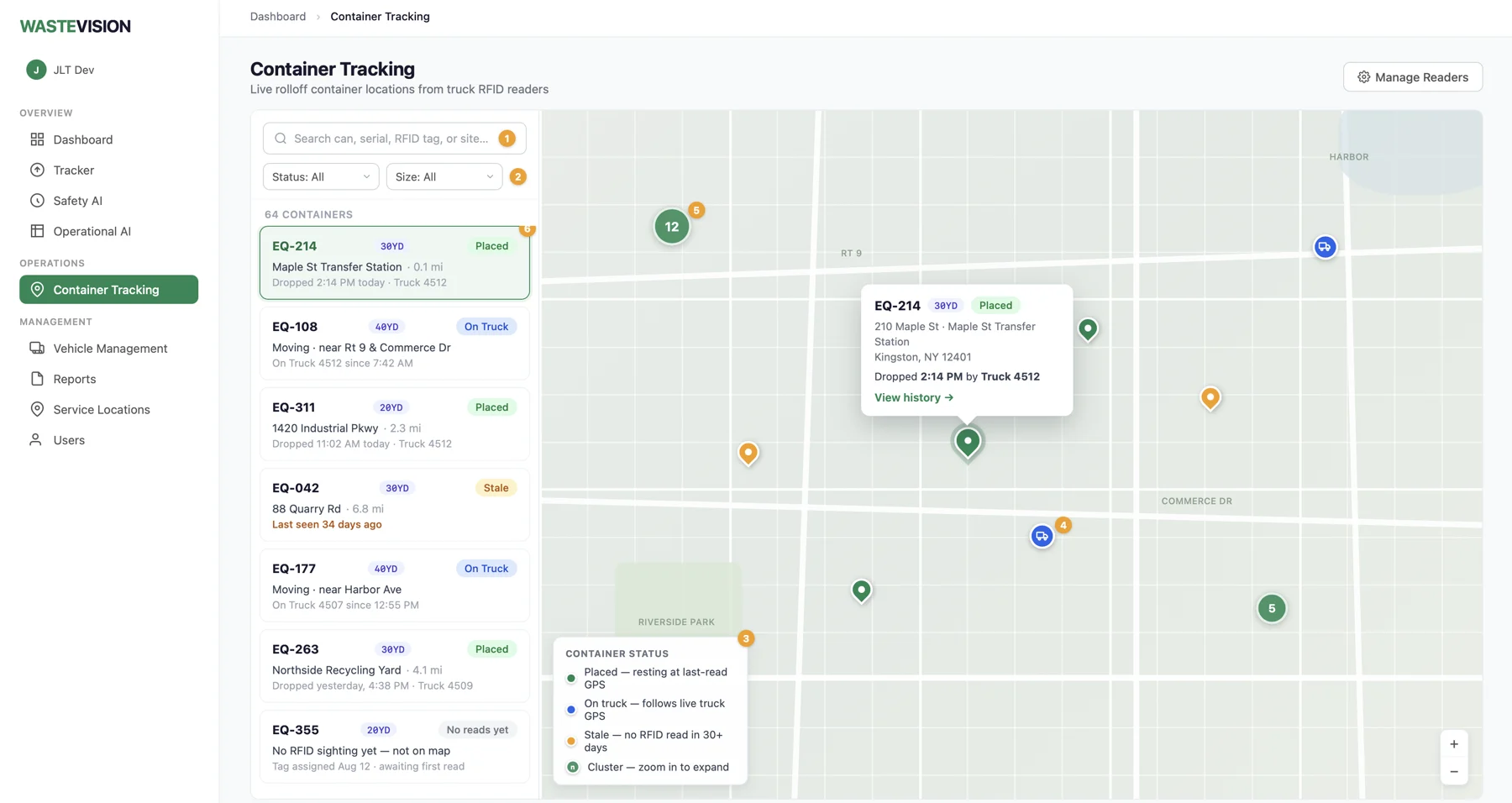 WasteVision Container Tracking dashboard: 64 containers listed with status, sizes and last-known addresses beside a live map of placed, on-truck and stale containers